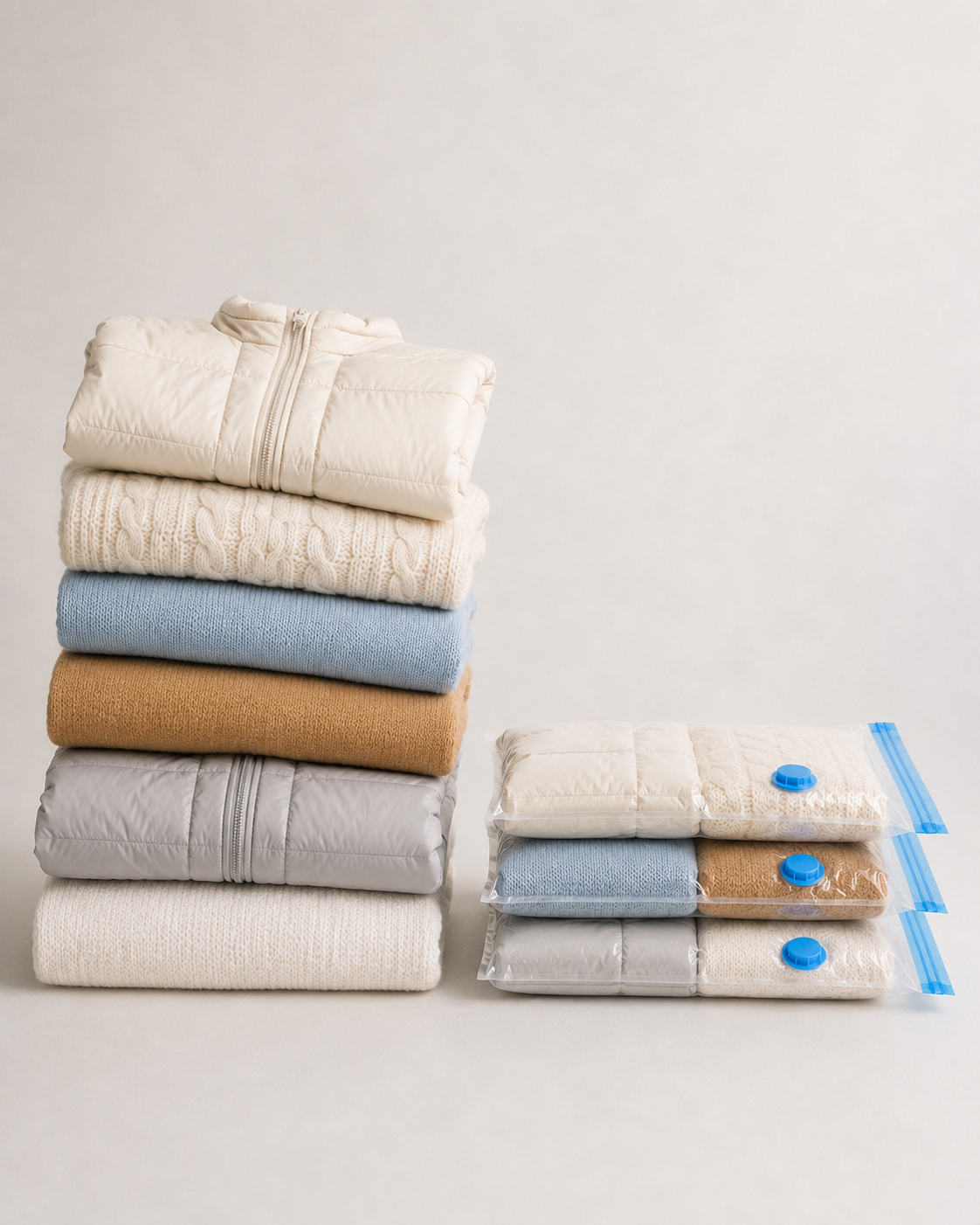 The same six winter garments shown loose and compressed into three reusable bags