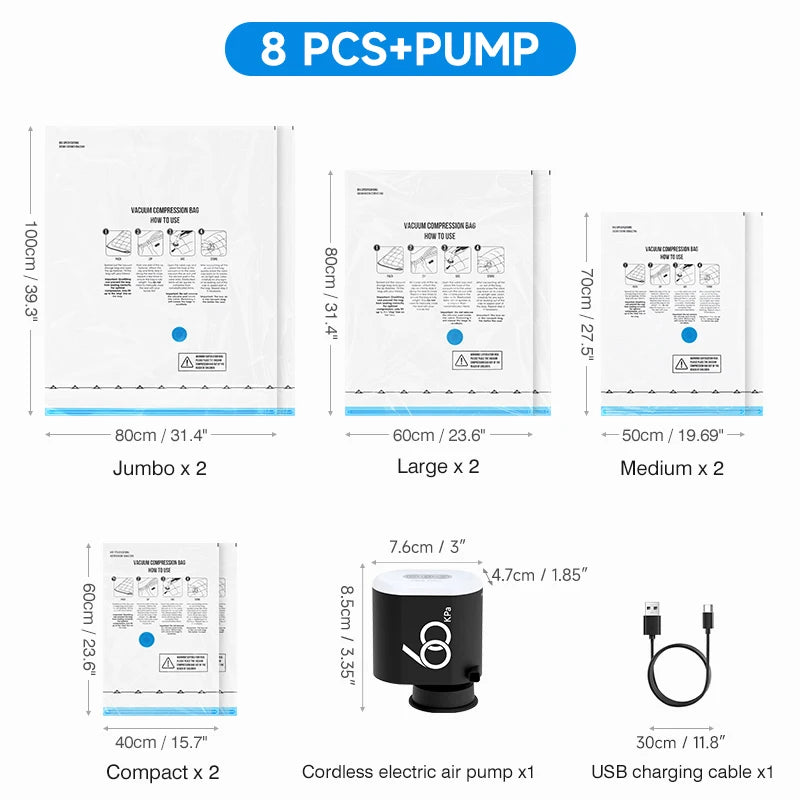 SmartPack Power cordless compression pump and storage bag kit