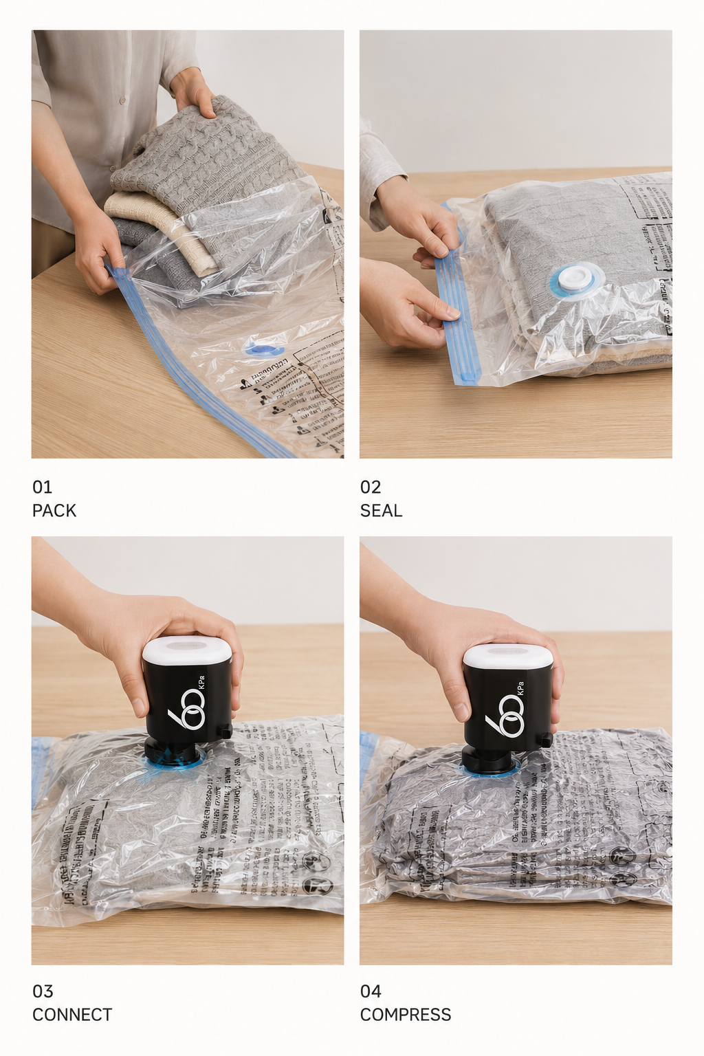 Four steps to use SmartPack Power: pack, seal, connect, and compress