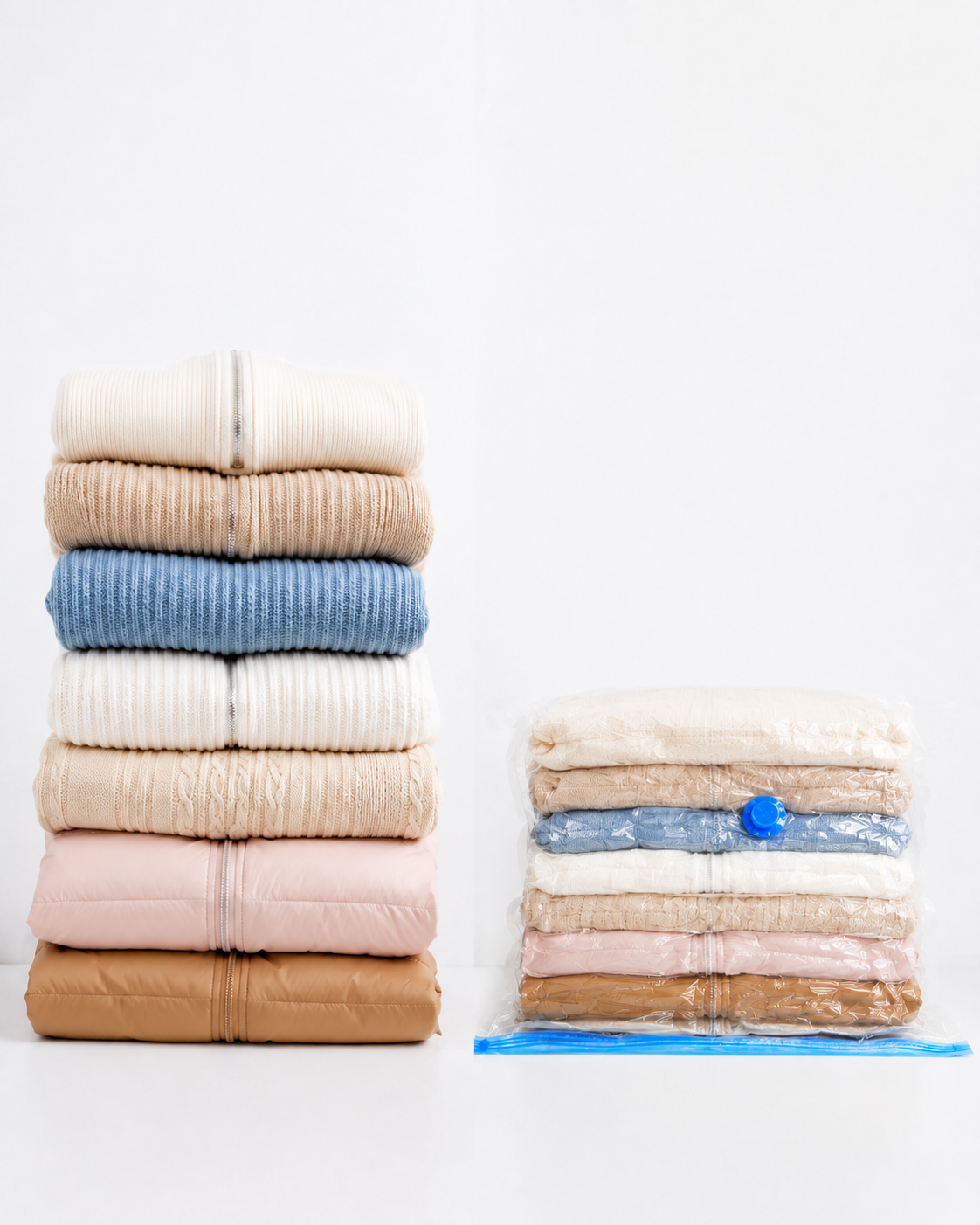 Loose winter clothing compared with the same garments inside a reusable compression bag