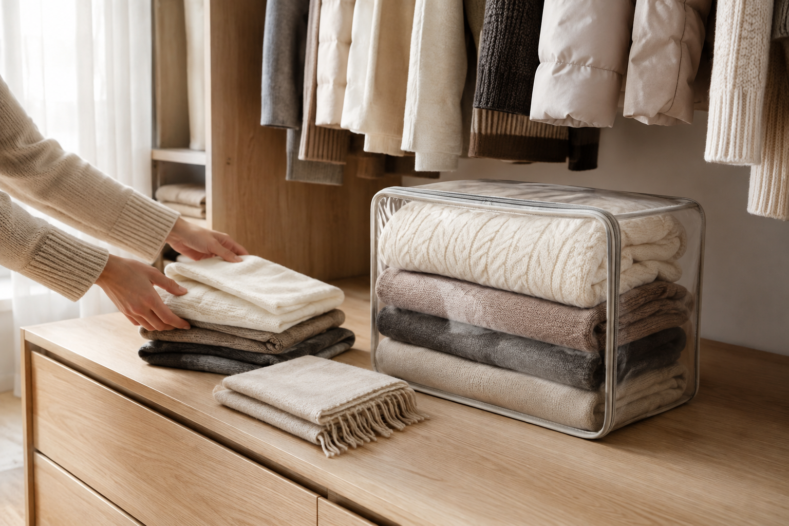 Seasonal knitwear organized in a clear storage case inside a wardrobe